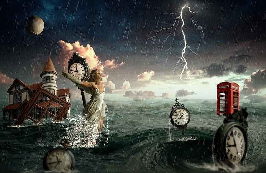 Surreal, sea, art, fantasy, girl, clock, annewipf, water HD wallpaper