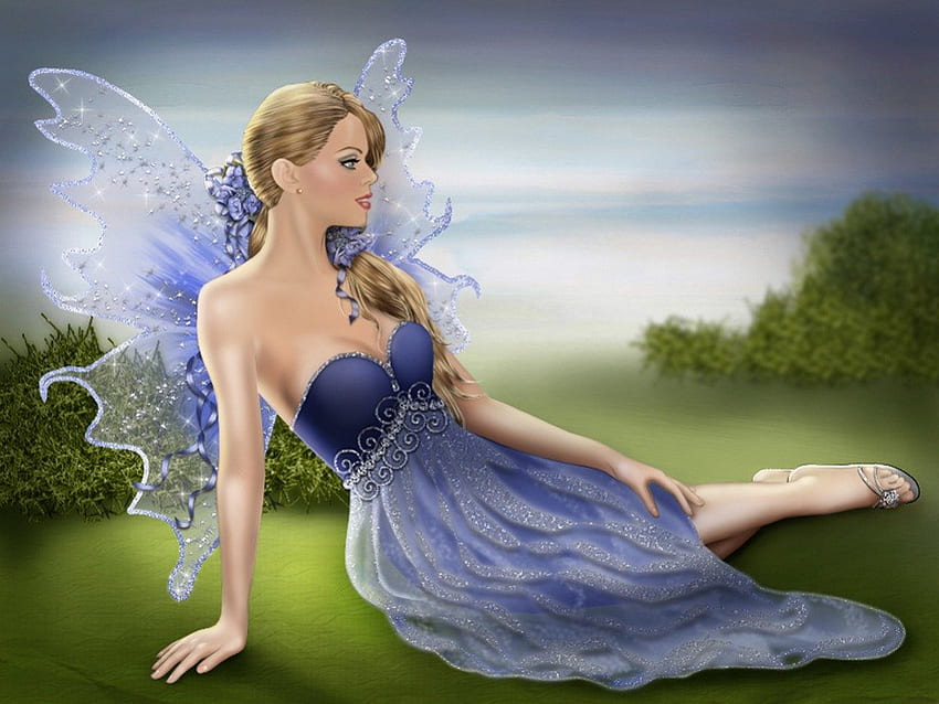 Blue Fairy, fairy, blue, girl, painting HD wallpaper