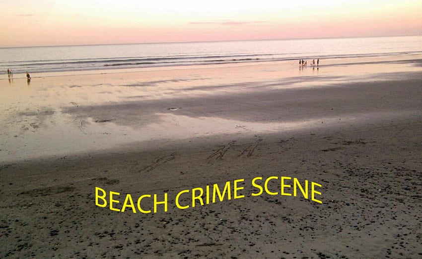Escena del crimen en la playa, arena, crimen, puesta de sol, playa fondo de pantalla