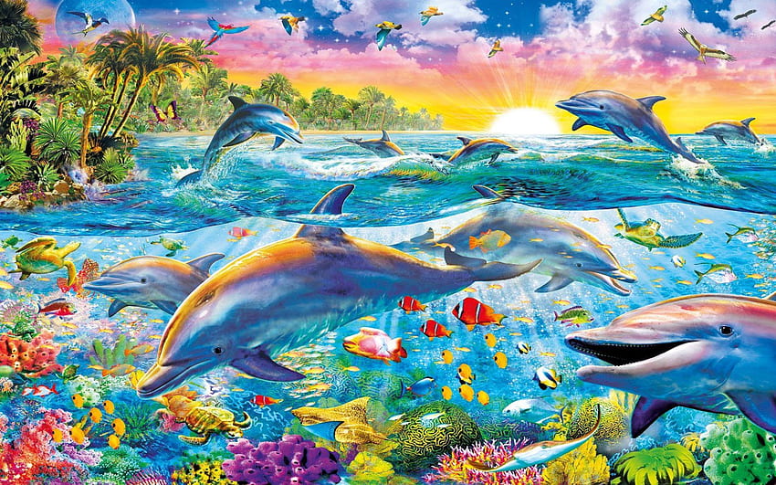 Paesaggio tropicale Animale marino Mondo subacqueo Delfino di mare, Arte tropicale Sfondo HD