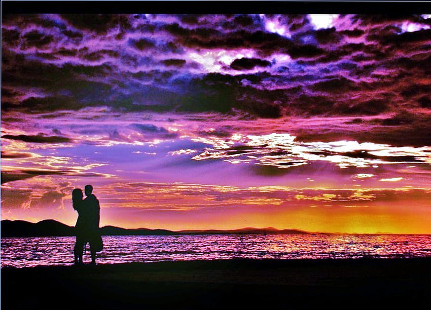 LOVE, blue, white, lovers, gold, orange, beach, purple, embrace, clouds, sky, sunset HD wallpaper
