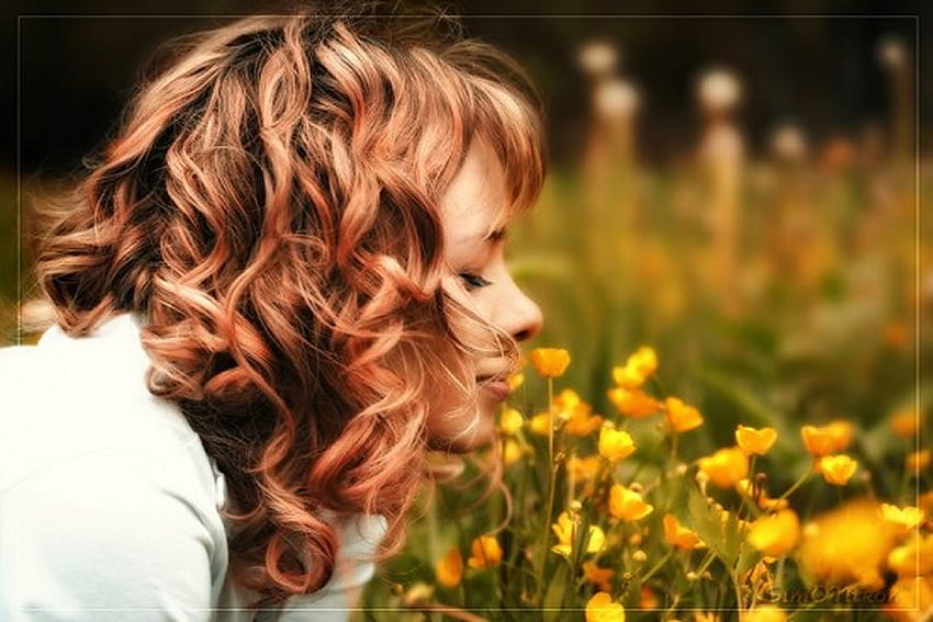 Smelling the flowers, flower, smell, nature, girl, people HD wallpaper