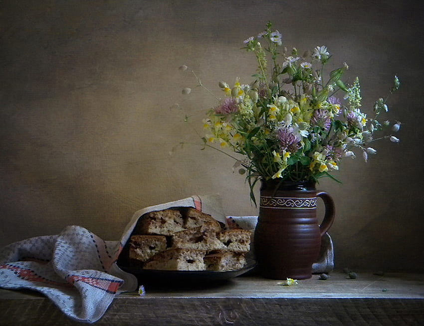 Still life, Cakes, Plate, Flowers, Napkin, Plate stand HD wallpaper