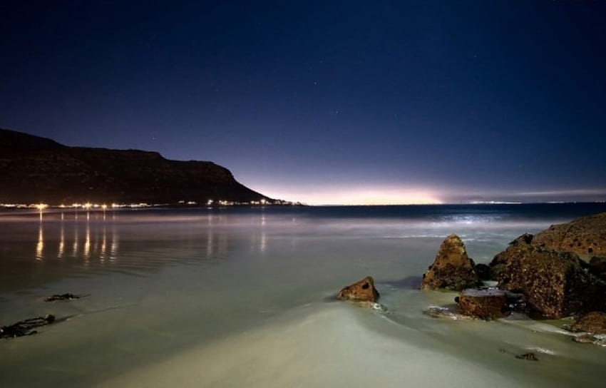 밤 해변, 바다, 파도, 해변 HD 월페이퍼