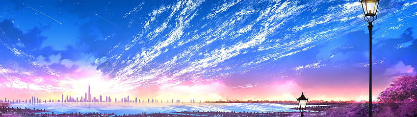 Cielo Ciudad Paisaje Horizonte Paisaje Anime , 5120x1440 Púrpura fondo de pantalla