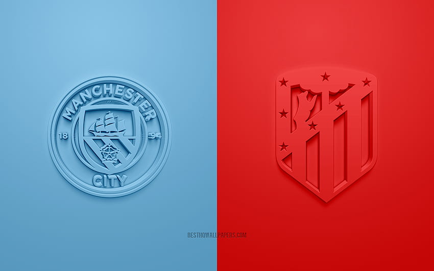 Manchester City FC vs Atletico Madrid, 2022, UEFA Şampiyonlar Ligi, Çeyrek finaller, 3D logolar, mavi kırmızı arka plan, Şampiyonlar Ligi, futbol maçı, 2022 Şampiyonlar Ligi, Manchester City FC, Atletico Madrid HD duvar kağıdı