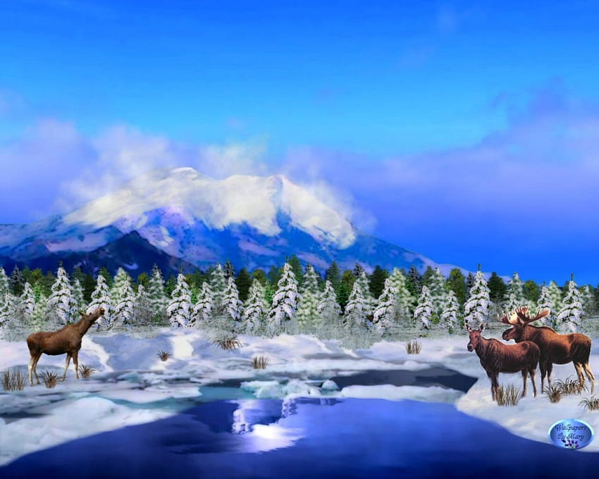 Winterwunderland 1280x1024, Winter, Elche, Tiere, Schnee, Berge, Flüsse HD-Hintergrundbild