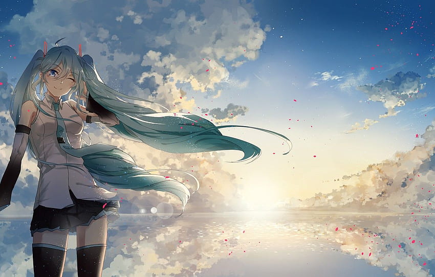 The sky, Clouds, Girl, Morning, Dawn, Petals, Hatsune Miku, Vocaloid, Vocaloid, Hatsune Miku for , section прочее -, Anime Dawn HD wallpaper