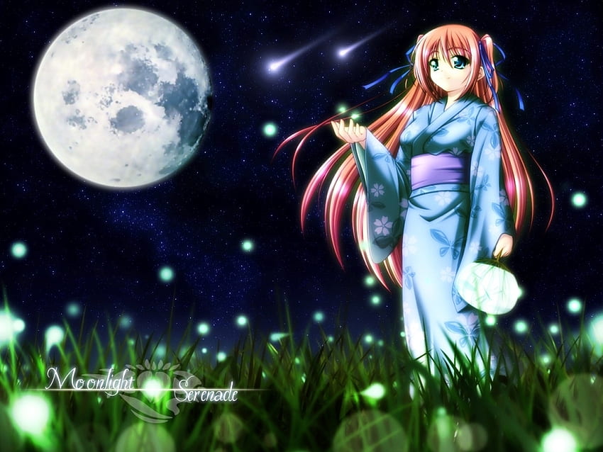 Moonlight Girl, świetliki, światło księżyca, wachlarz, dziewczyna w kimono Tapeta HD