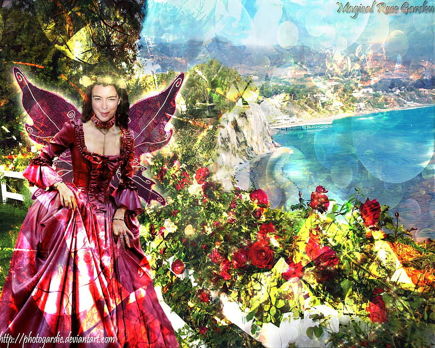 magical_rose_garden, wings, angel, lake, rose, fantasy, red, nature, flowers, cloud HD wallpaper