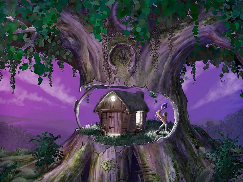 Home in a tree, digital, abstract, fantasy, house, nice, tree HD wallpaper