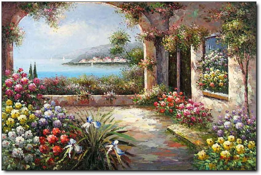 Overlooking The Mediterranean, sea, painting, plants, courtyard, mediterranean HD wallpaper