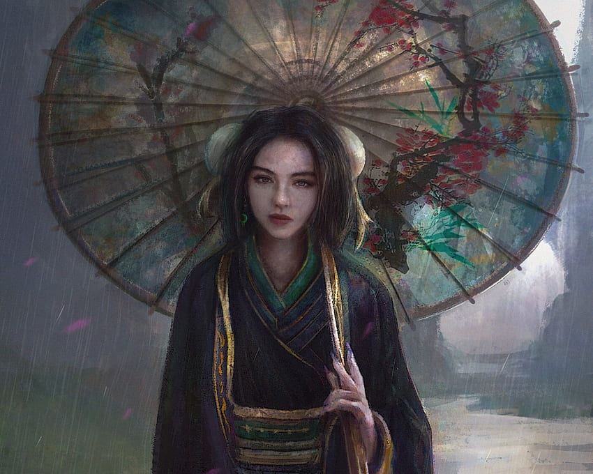 Girl with parasol, dark, fantasy, vernicoz, art, asian, parasol, girl HD wallpaper