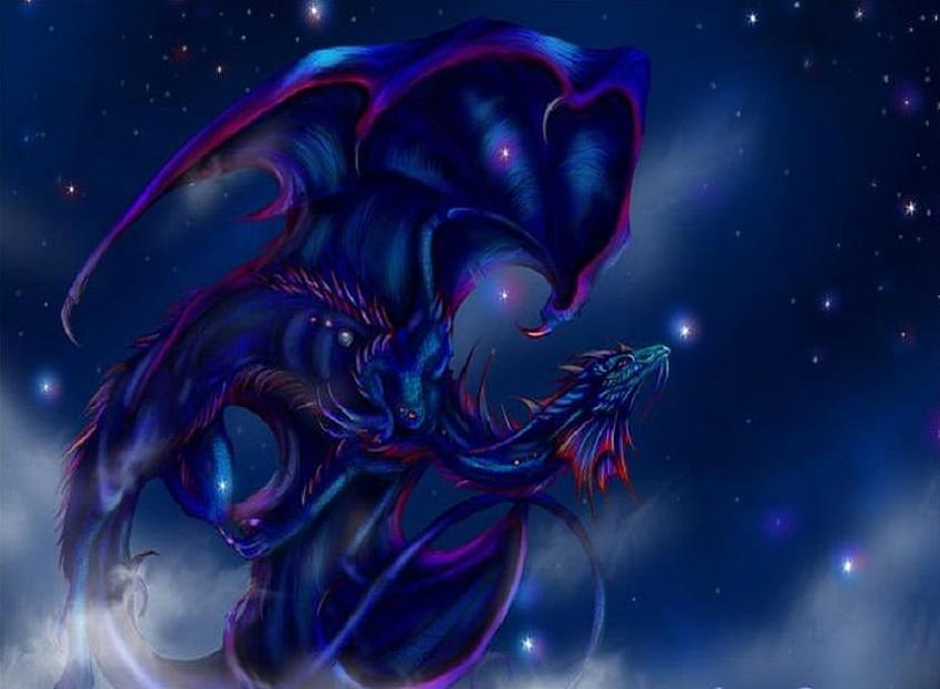 Evil of the Night, night, blue, dragon, sky, stars, wicked HD wallpaper