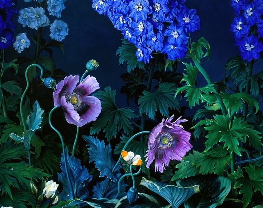 Una sinfonia di blu e bianco, opere d'arte, papaveri, foglie, pittura, boccioli, fiori Sfondo HD