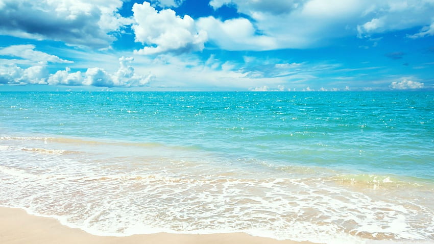 Слънчев ден, синьо, море, сцена, бряг, пейзаж, плаж, лято, облаци, природа, небе, вода, слънце, океан HD тапет