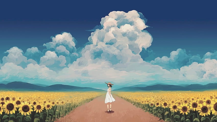 Hari yang cerah, bunga matahari, pertanian, gadis anime, asli Wallpaper HD