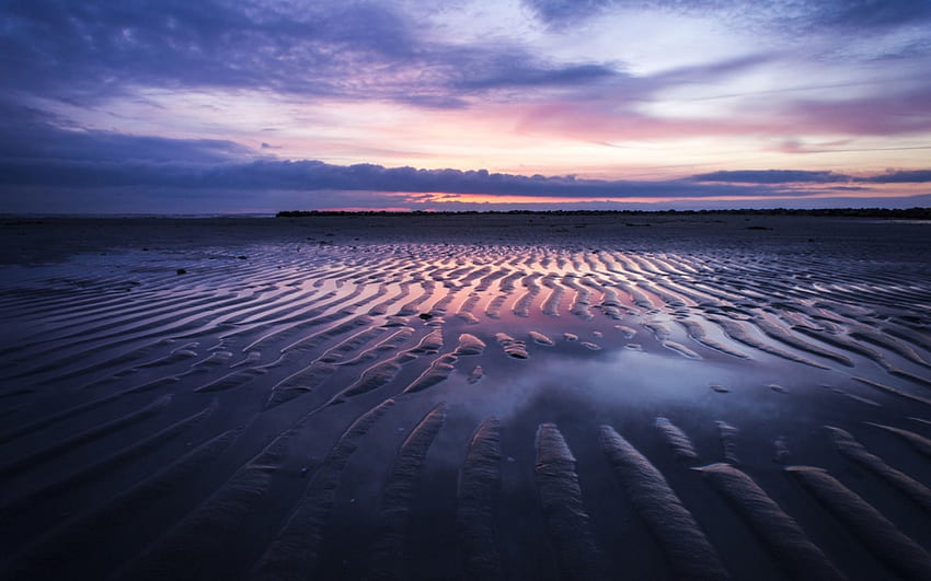 ondulations de sable sur une plage à un coucher de soleil rose, mer, rose, sable, ondulations, coucher de soleil, plage Fond d'écran HD