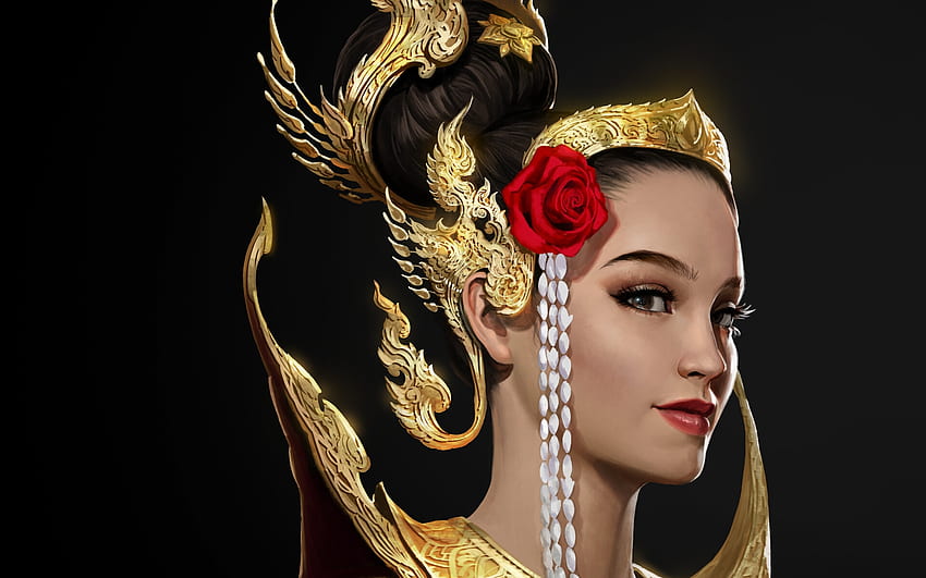 Kanok Sida, fantasy, red, face, girl, queen, golden, black, rose, st cygnus HD wallpaper