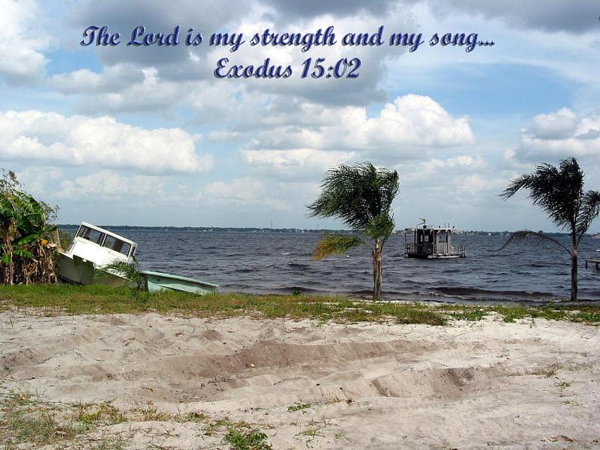 My Strength and My Song, scripture, sand, boats, verse, christian, palm trees, beach HD wallpaper