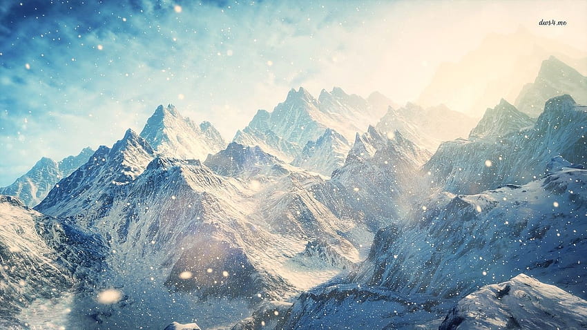 Winter in the mountains in The Elder Scrolls V: Skyrim . Снежные горы, Пейзажи, Облака HD wallpaper