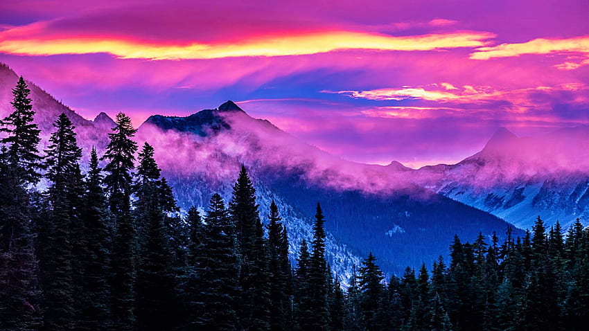 Изгрев за запомняне в Северните каскади, Вашингтон, планини, цветове, пейзаж, дървета, облаци, небе, САЩ HD тапет
