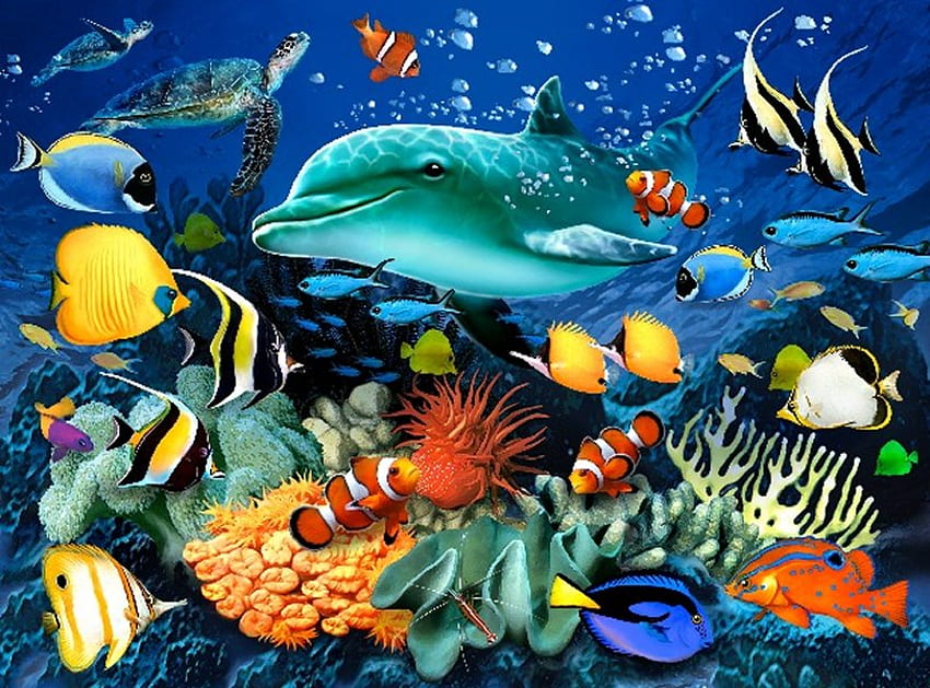 ハワード・ロビンソン、海、動物、絵画、アート、水中、ハワード・ロビンソン、魚、イルカ 高画質の壁紙