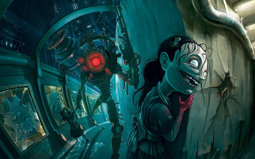 Female zombie leaning on wall illustration, BioShock, Little, Big Daddy HD wallpaper