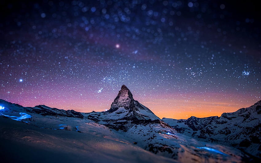 Snow Mountain Night Sky Stars Apple iMac Retina HD wallpaper