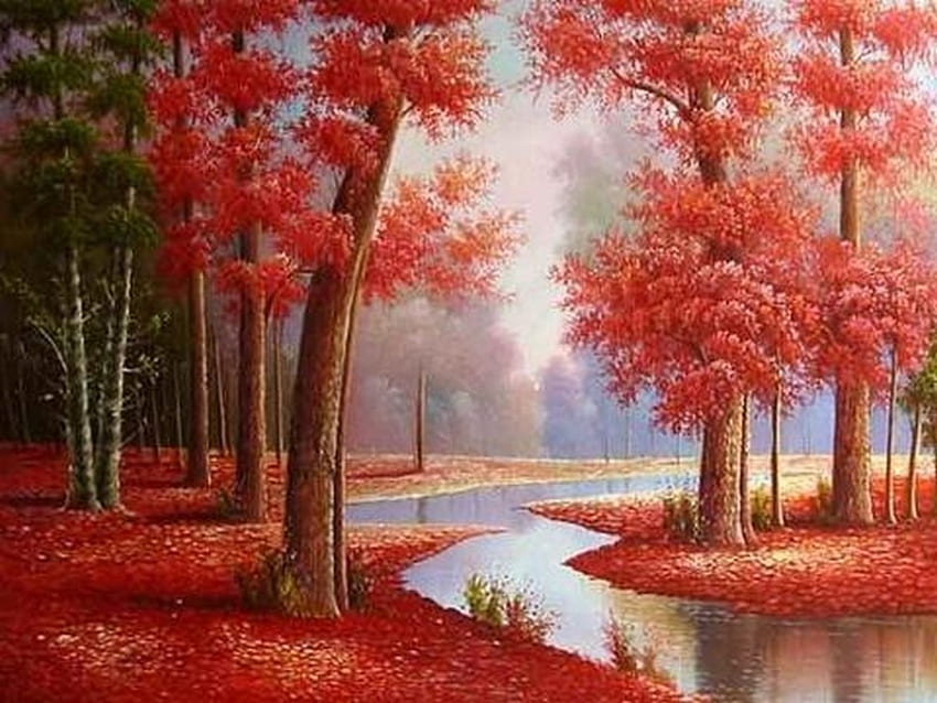 Nature en rouge, automne, nature, peinture, rouge Fond d'écran HD