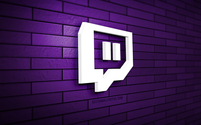 Logotipo 3D de Twitch, pared de ladrillo violeta, creatividad, redes sociales, logotipo de Twitch, arte 3D, Twitch fondo de pantalla