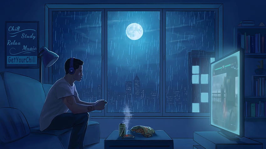 Ide anime lo fi tahun 2022. pemandangan anime, seni estetika, seni ilustrasi, Lofi Moon Wallpaper HD