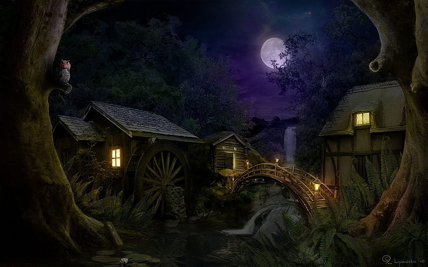 Haus des Nachthintergrundes. Viktorianisches Puppenhaus, Halloween-Haus und Leuchtturm, Night Village HD-Hintergrundbild
