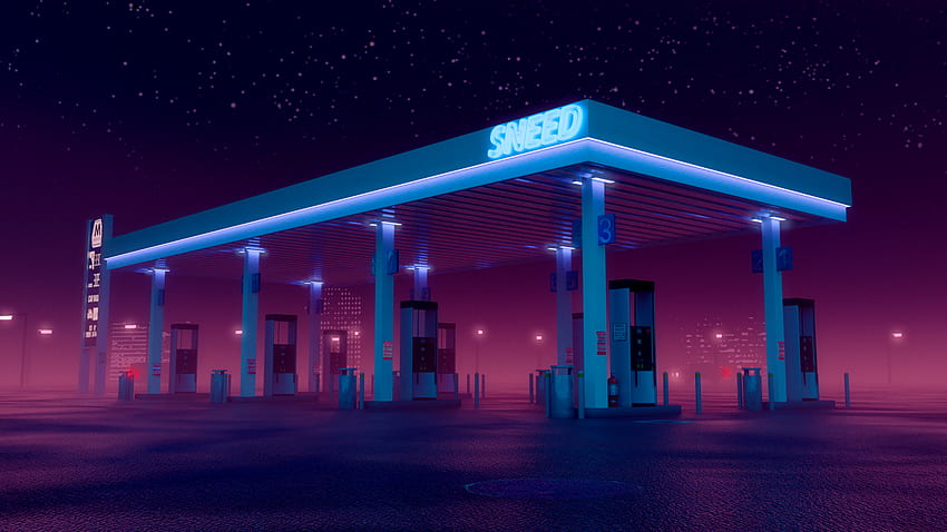 OC Foggy Night at the Gas Station: outrun, Neon Gas Station papel de parede HD