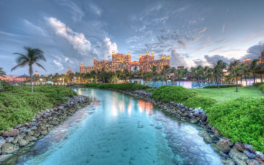 Landscape, Cities, Water, Grass, Stones, Sky, Clouds, Building, Palm, r, Islands, Bahamas HD wallpaper