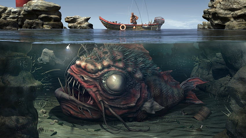 цифрово изкуство, вода, лодка, създание, разделен изглед, под вода. Страшно, Подводно, Дигитално произведение на изкуството HD тапет