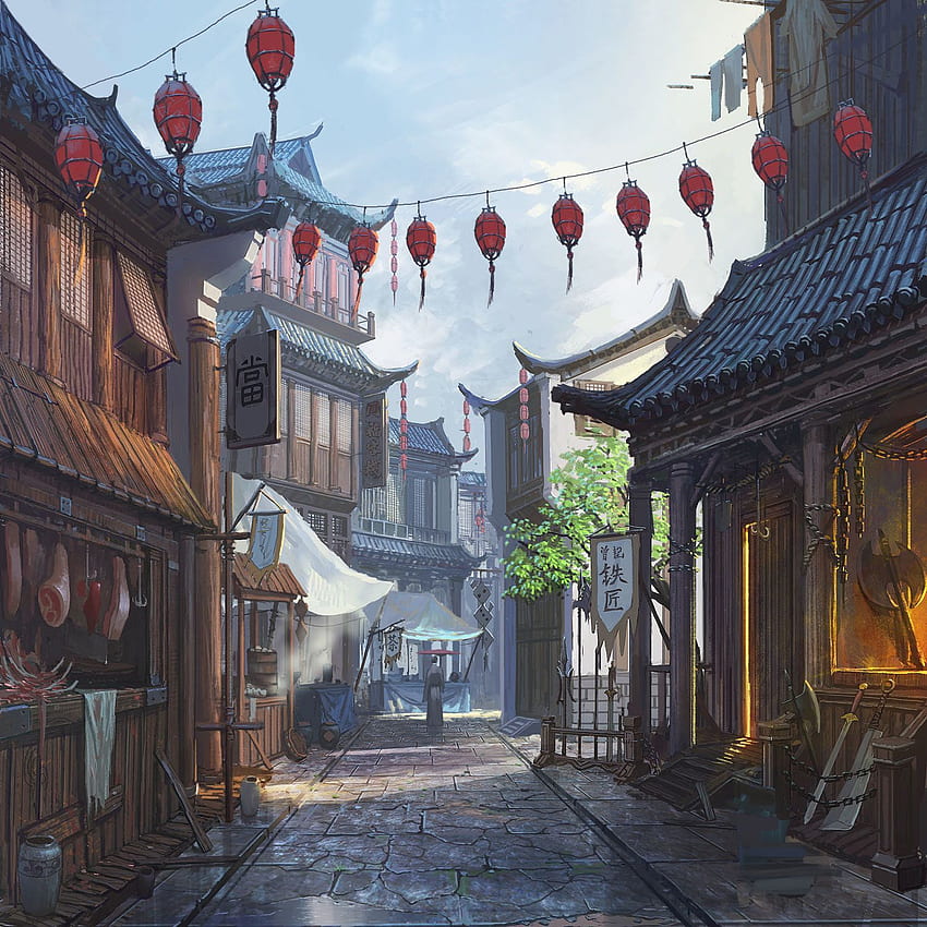 Strade cinesi Opere d'arte Strada cinese. Illustrazione Di Paisagem, Cenário Anime, Desenho De Cidade Sfondo del telefono HD