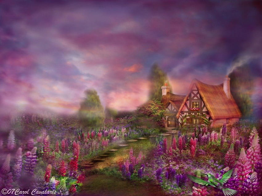 Lupin Meadow, fantaisie, lupin, prairie, fleurs, chalet Fond d'écran HD
