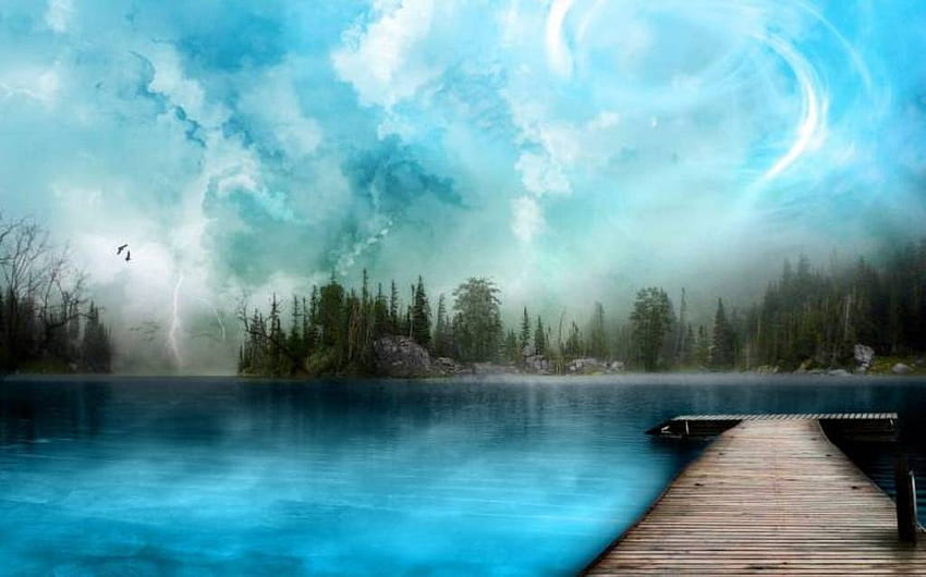 Blue Fantasy, blue, summer, fantasy, trees, sky, dock, water HD wallpaper
