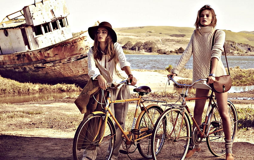 Bicycle ride, ship, romanian, model, Andreea Diaconu, girl, woman, summer, bicycle, couple, ride HD wallpaper