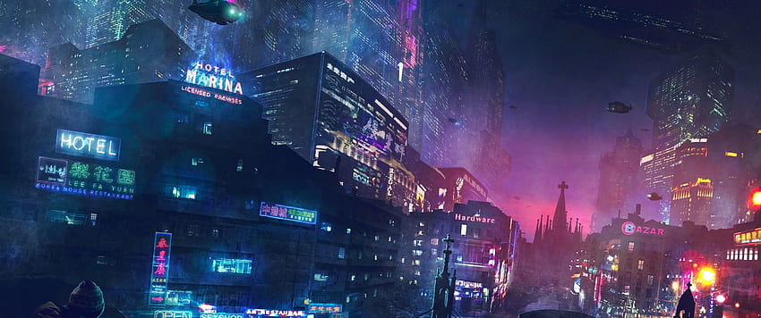 Cyberpunk City, Futuristic, Neon Lights, Buildings, Aircrafts , 3440X1440 City HD wallpaper