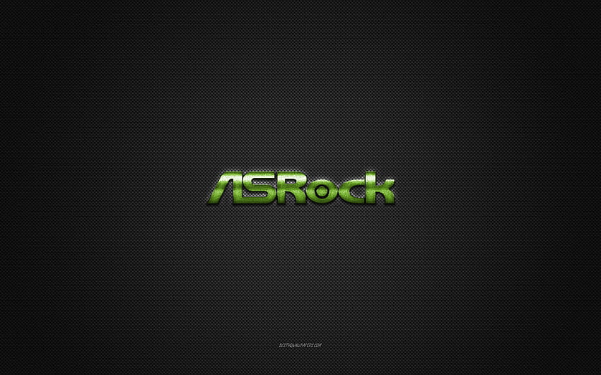 Logo ASrock, logo vert brillant, emblème en métal ASrock, texture en fibre de carbone grise, ASrock, marques, art créatif, emblème ASrock Fond d'écran HD
