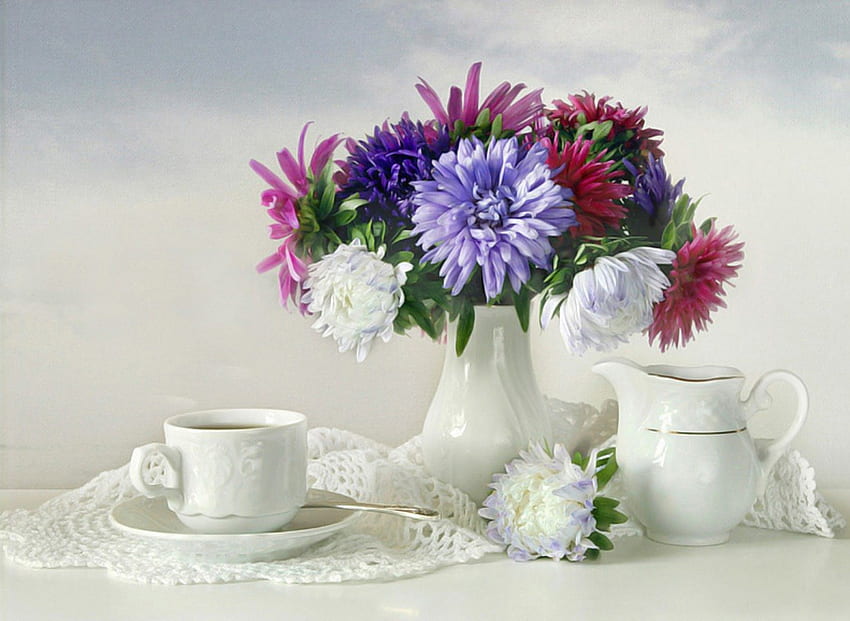Still Life, colorful, cup of tea, flowers, arrangement, harmony HD wallpaper