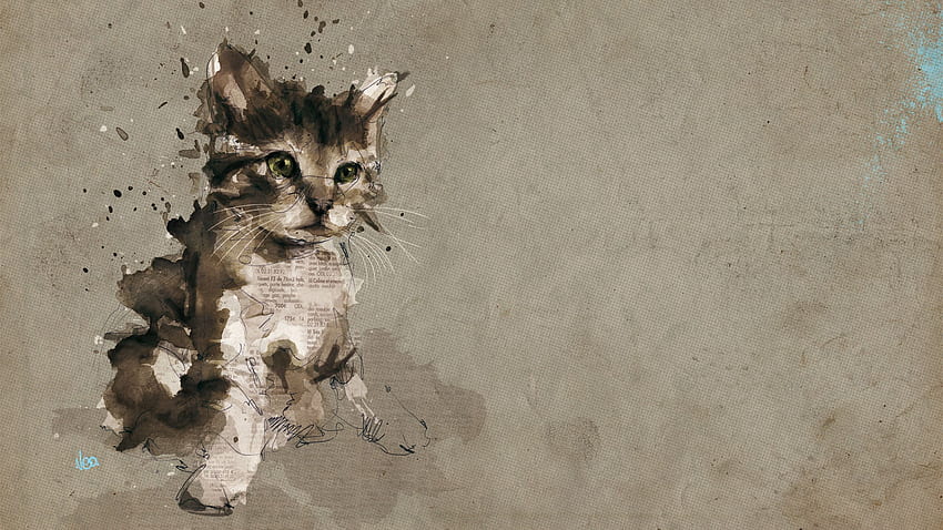 cat, kitten, gray, drawing background HD wallpaper