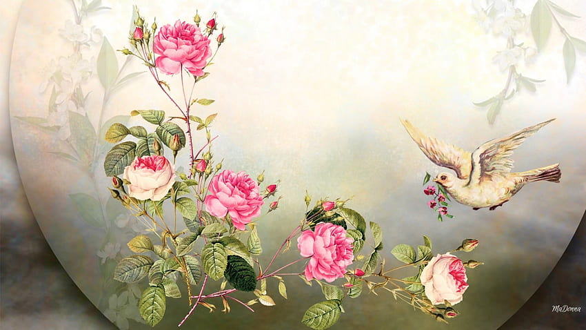 รูปลักษณ์ของเวลา ฤดูร้อน ดอกกุหลาบ นก ดอกไม้ ฤดูใบไม้ผลิ วินเทจ วอลล์เปเปอร์ HD