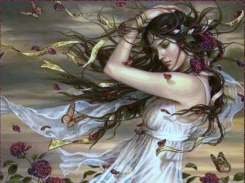 Beauty of the wind and butterflies, butterflies, wind, blowing, sky, flowers, long hair, woman HD wallpaper