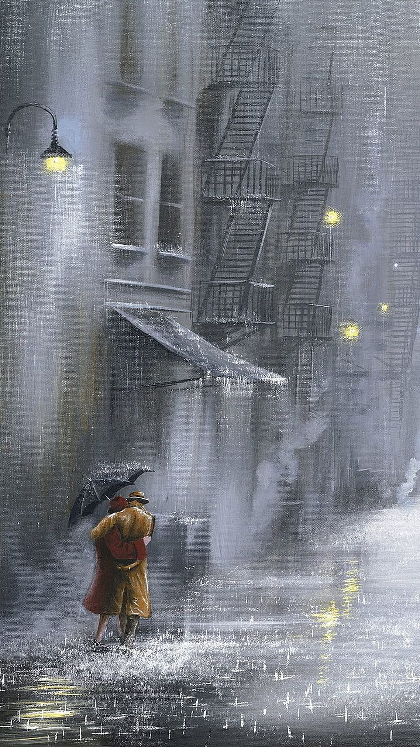 Lluvia de pareja de anime, pintura de día lluvioso fondo de pantalla del teléfono