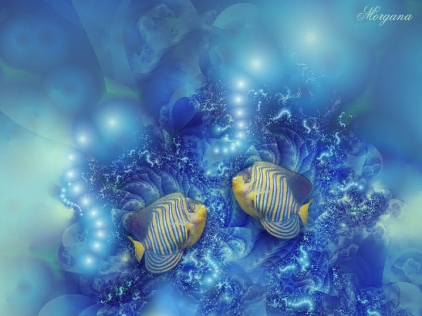Tra I Coralli, blue, fishes, crystals, painting HD wallpaper