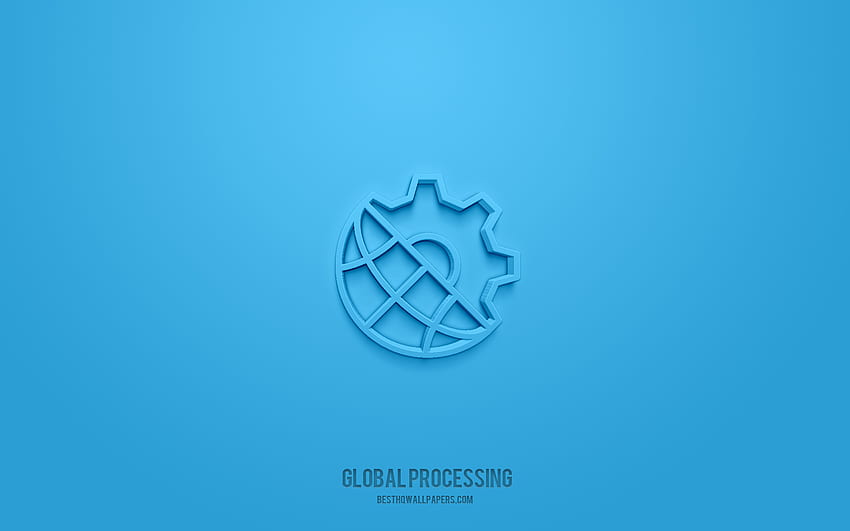 Icône 3d de traitement global, fond bleu, symboles 3d, traitement global, icônes d'affaires, icônes 3d, signe de traitement global, icônes 3d d'affaires Fond d'écran HD
