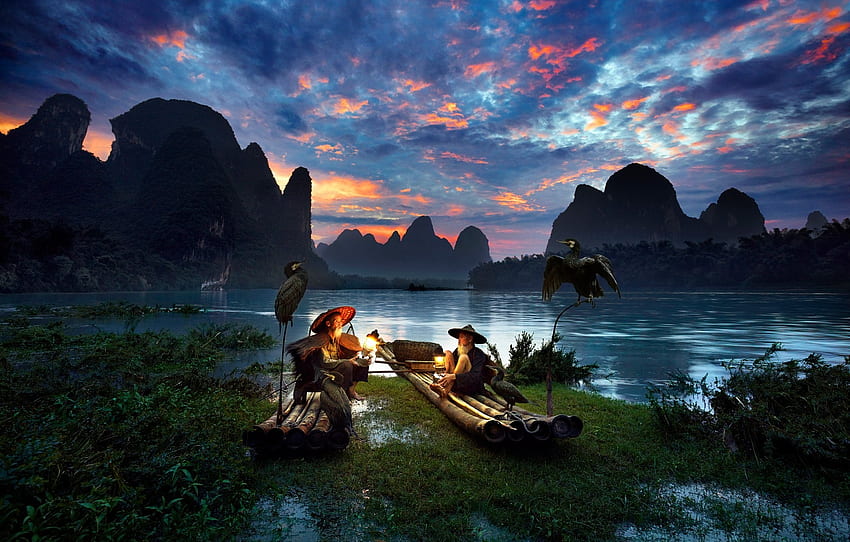 mężczyźni, przyroda, rzeka, ptaki, Azja, góry, Chiny / i mobilne tła Tapeta HD